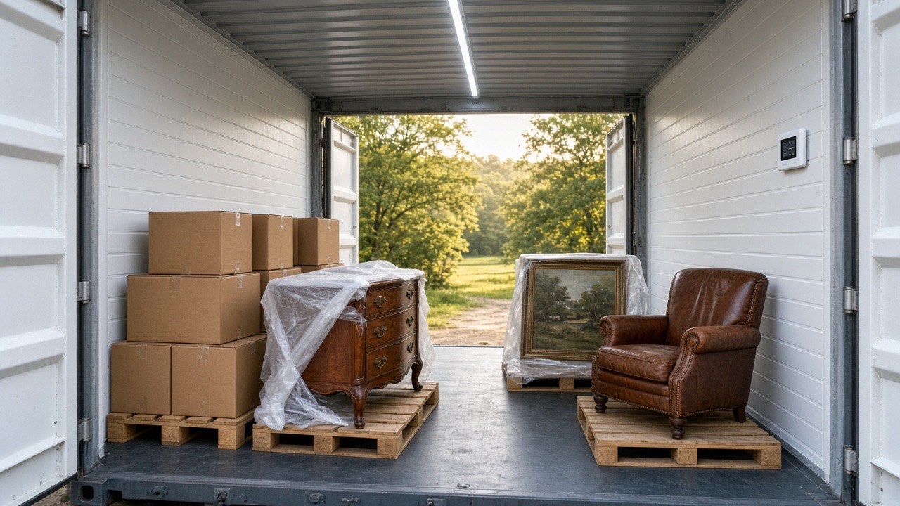 Interior of a clean climate-controlled storage container holding boxes, a wrapped antique dresser, a framed painting, and a leather armchair on pallets
