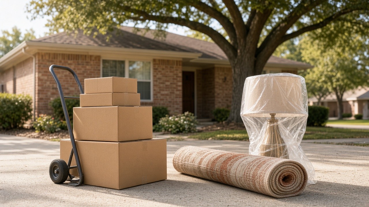 Moving boxes, a hand truck, a rolled rug, and a wrapped lamp on the driveway of a brick home in a Texas suburb