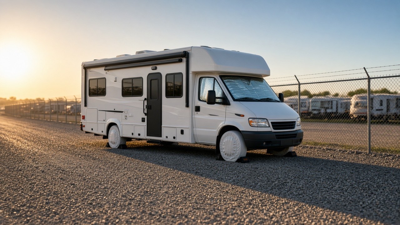 Class C motorhome in a gravel storage space with white tire covers, wheel chocks, and a windshield sunshade at sunset